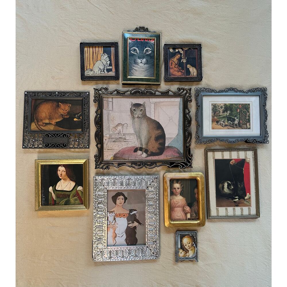 Vintage lot cat girl pictures gallery accent wall art set ornate framed portrait